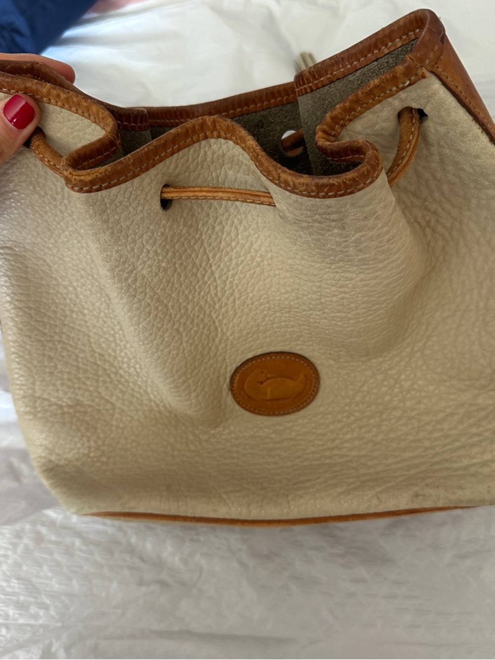 Vintage Dooney & Bourke Cream Leather Drawstring Bucket Bag with Tan Trim